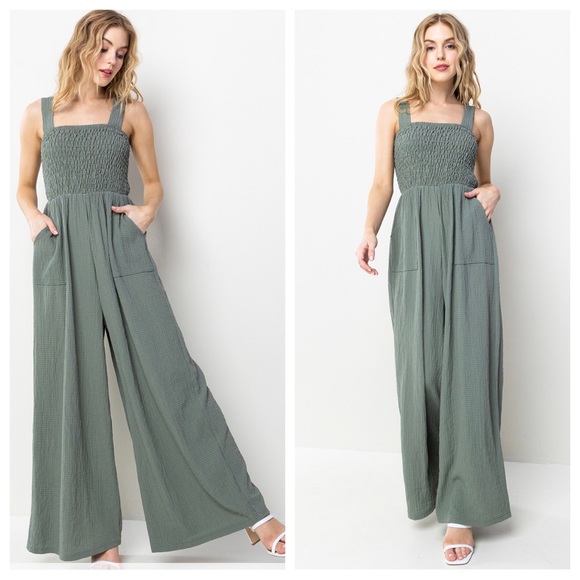 ShopEvelynne Pants - 04 Smocked Straight Neck Wide Leg Jumpsuit